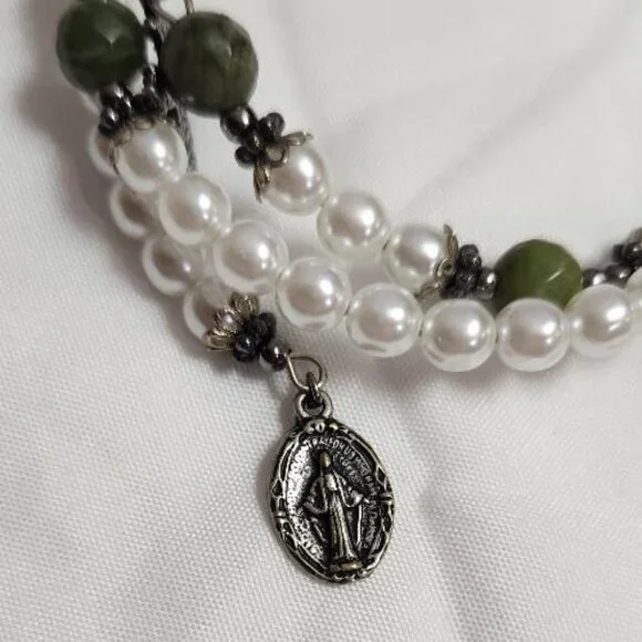 Connemara Marble Faux Pearl Coil Rosary Bracelet - Picture 2 of 5
